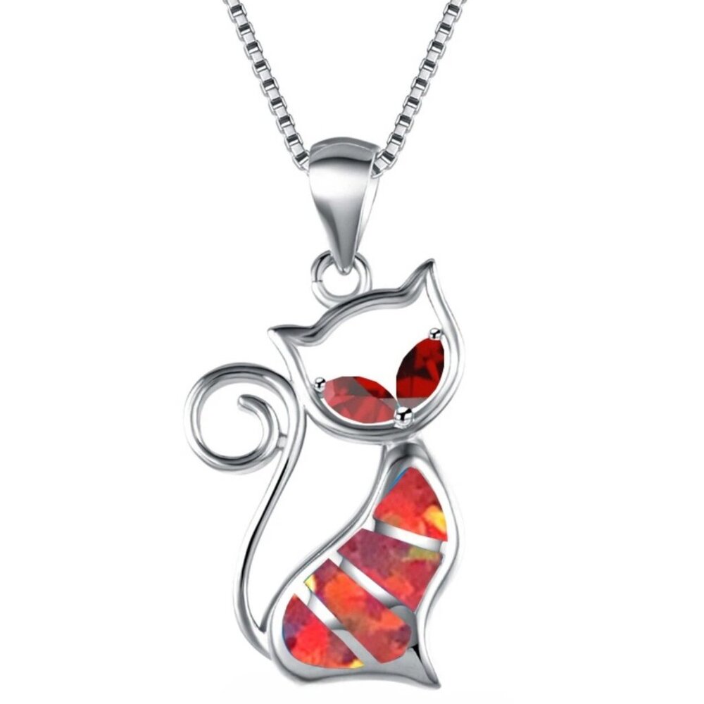 Hawaii Orange Fire Opal Cute Kitten Necklace